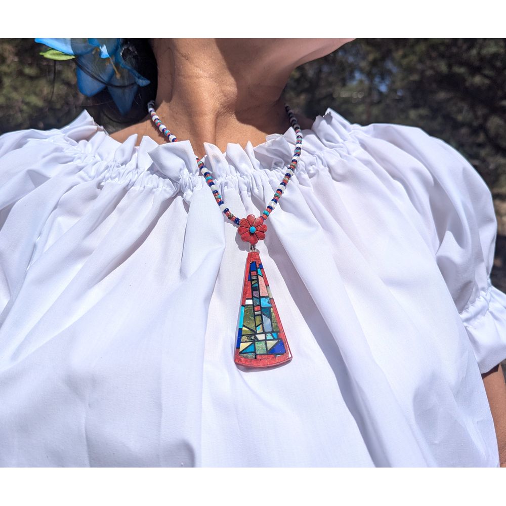 Santo Domingo Kewa Pueblo Mosaic Necklace Beads Pendant Jewelry***